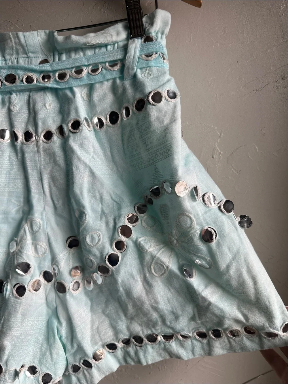 Juliet Dunn London‎ Aqua Mirror Embellished Shorts Boho Resort Luxe Beach Sz M